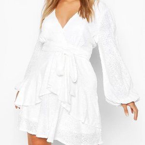 Boohoo White Plus Plunge Ruffle Hem Sequin Skater Dress